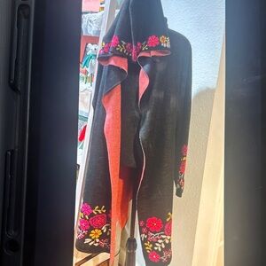 Maxsport Floral Embroidered Hooded Black Cardigan